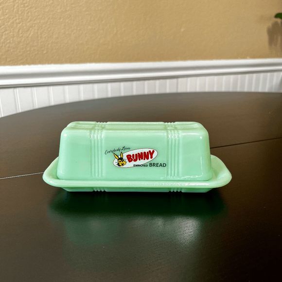 Jadeite Depression Style Glass "Everybody Loves Bunny Enriched Bread" Company